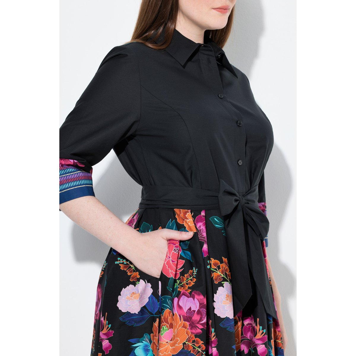 Robe chemisier à col chemise et manches 3/4 noir, ULLA POPKEN