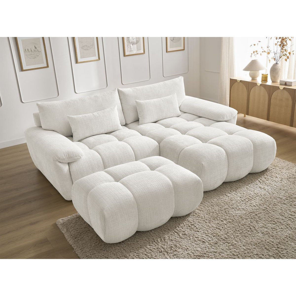 Canapé d'angle fixe 4 places en tissu texturé, IVANE blanc, BOBOCHIC