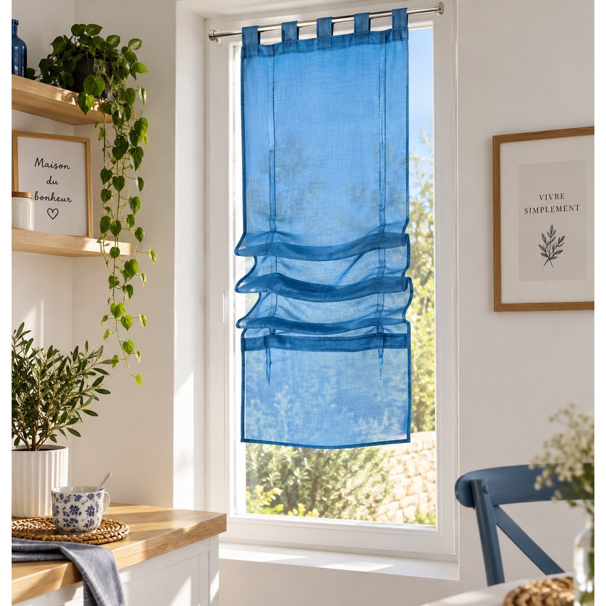 Store droit passants voile sable Pointille bleu, EDEN