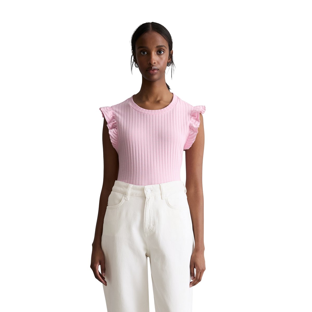 Top à volants sans manches regular en coton bio mélangé rose pale, MARC O’POLO DENIM