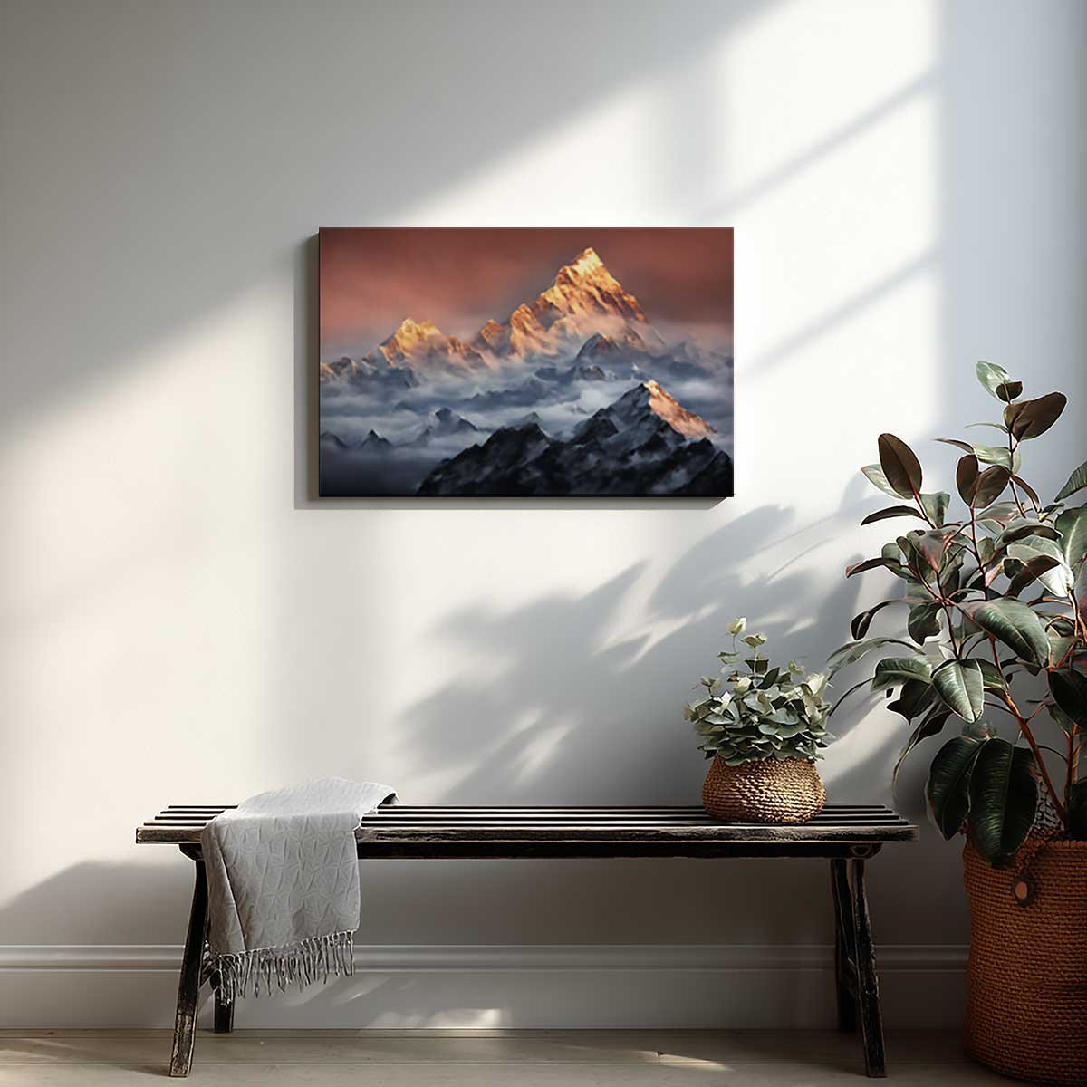 Tableau montagnes enneigées minimalistes fond blanc toile imprimée, HEXOA