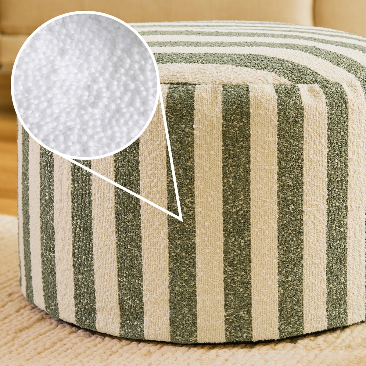 Pouf repose-pied rond en bouclette rayée Oeko-Tex® - MILANO vert olive, ICON