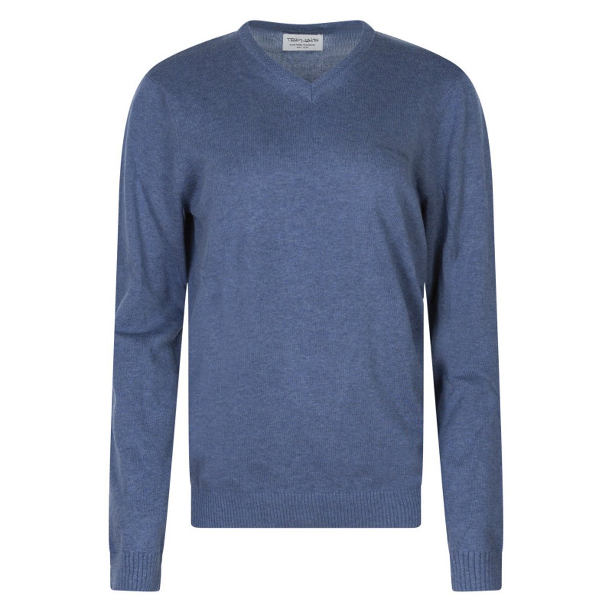 Pull en coton kaki uni à col v avec le nom de la marque en petit bleu, TEDDY SMITH