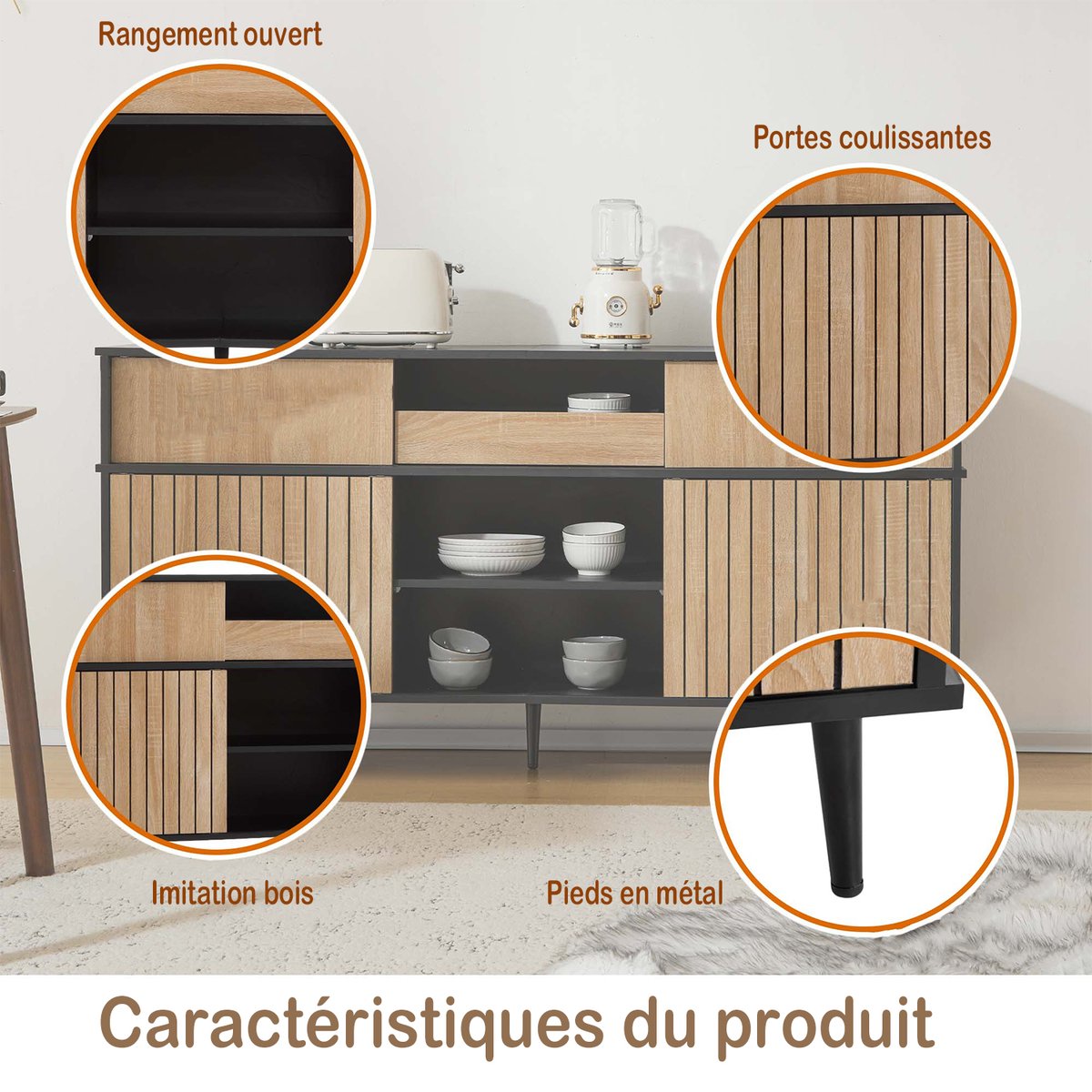 Buffet contemporain avec 4 portes coulissantes et 1 tiroir style contemporain, NOVAKF Buffet chêne, MEUBLES COSY