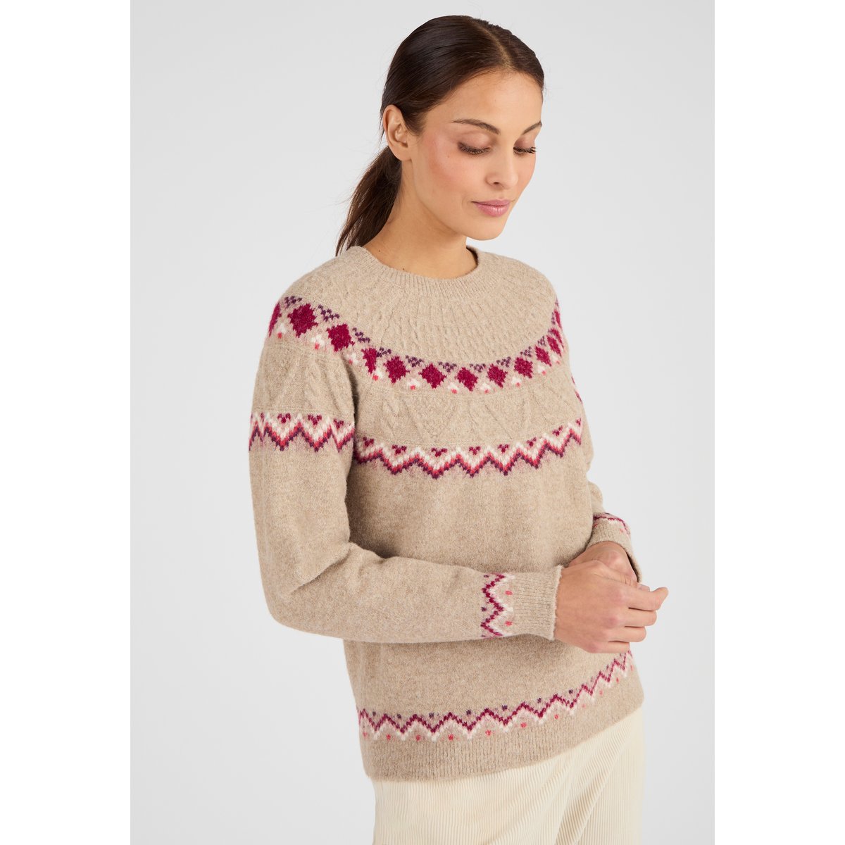 Pull jacquard Thermolactyl marron beige chiné, DAMART