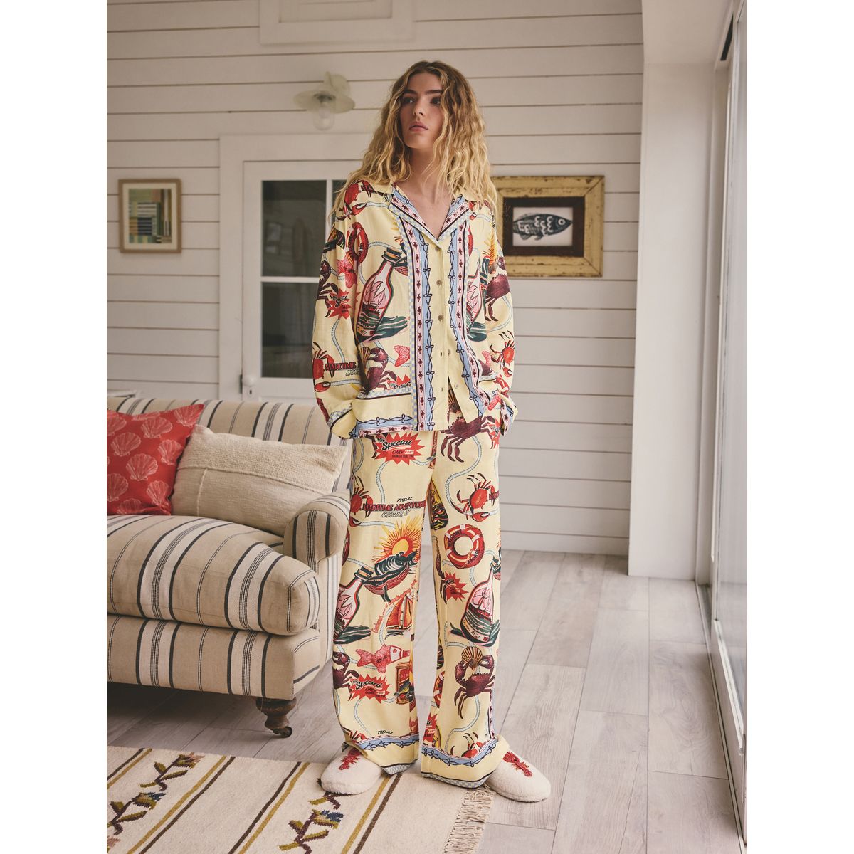 Pyjama boutonné en lin et viscose jaune, NEXT