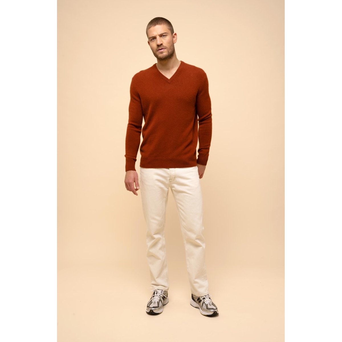 Pull Col V 4 Fils Écureuil Nathan marron, JUST CASHMERE