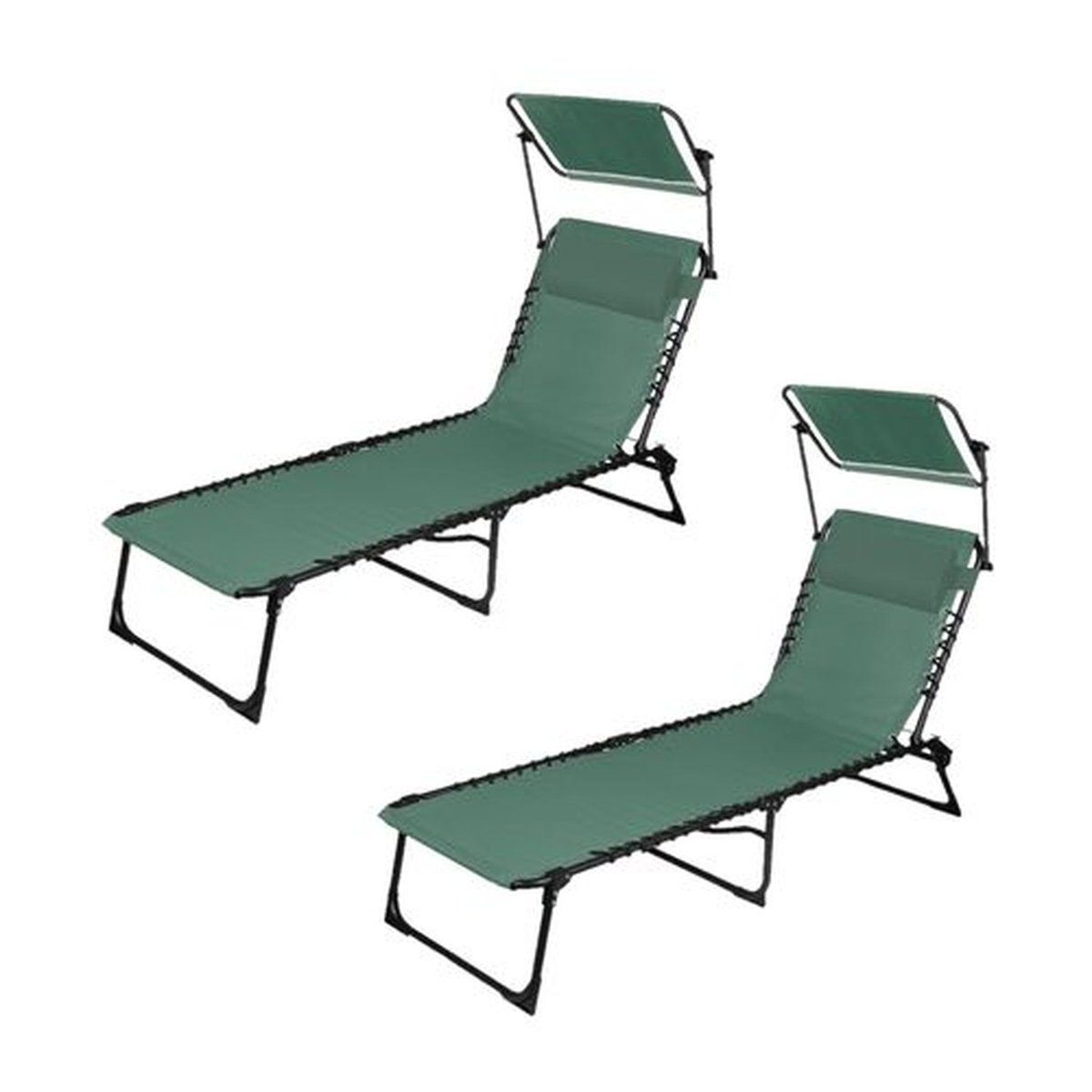 Lot de 2 bains de soleil avec coussin et pare-soleil inclinable vert, TOILINUX