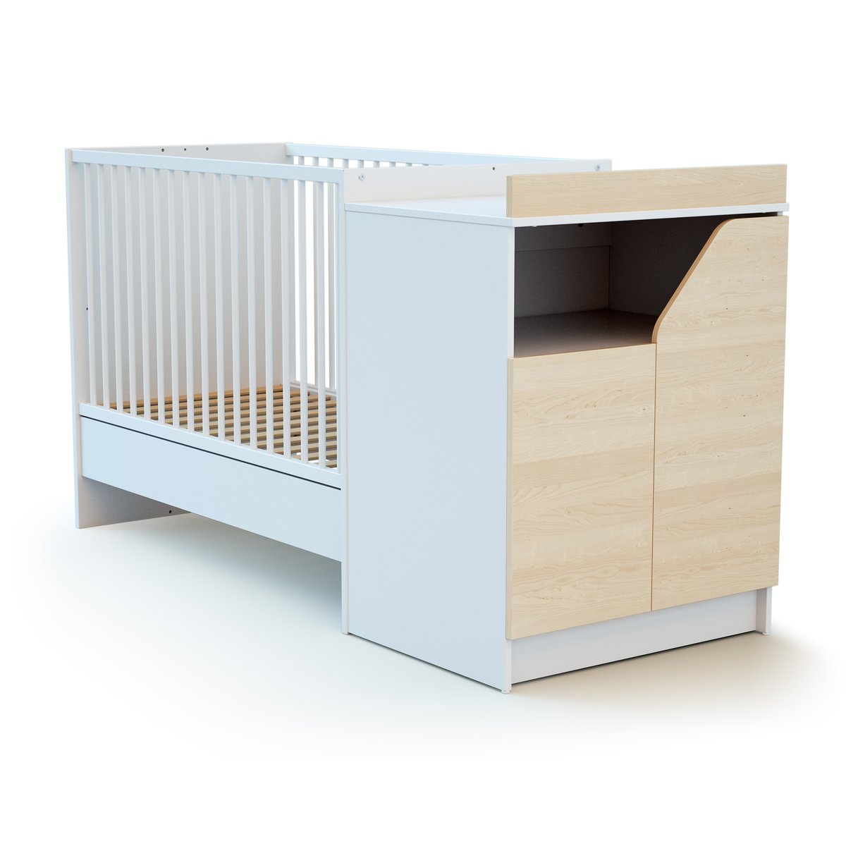 Combiné lit bébé évolutif en bois CARROUSEL blanc et hêtre verni, JURABABY