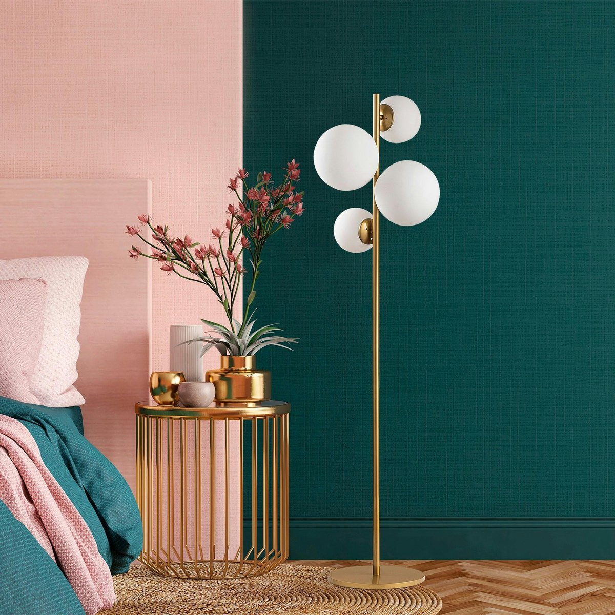 Lampadaire art déco doré, 4 globes verre dépoli SIERRE doré, PIER IMPORT