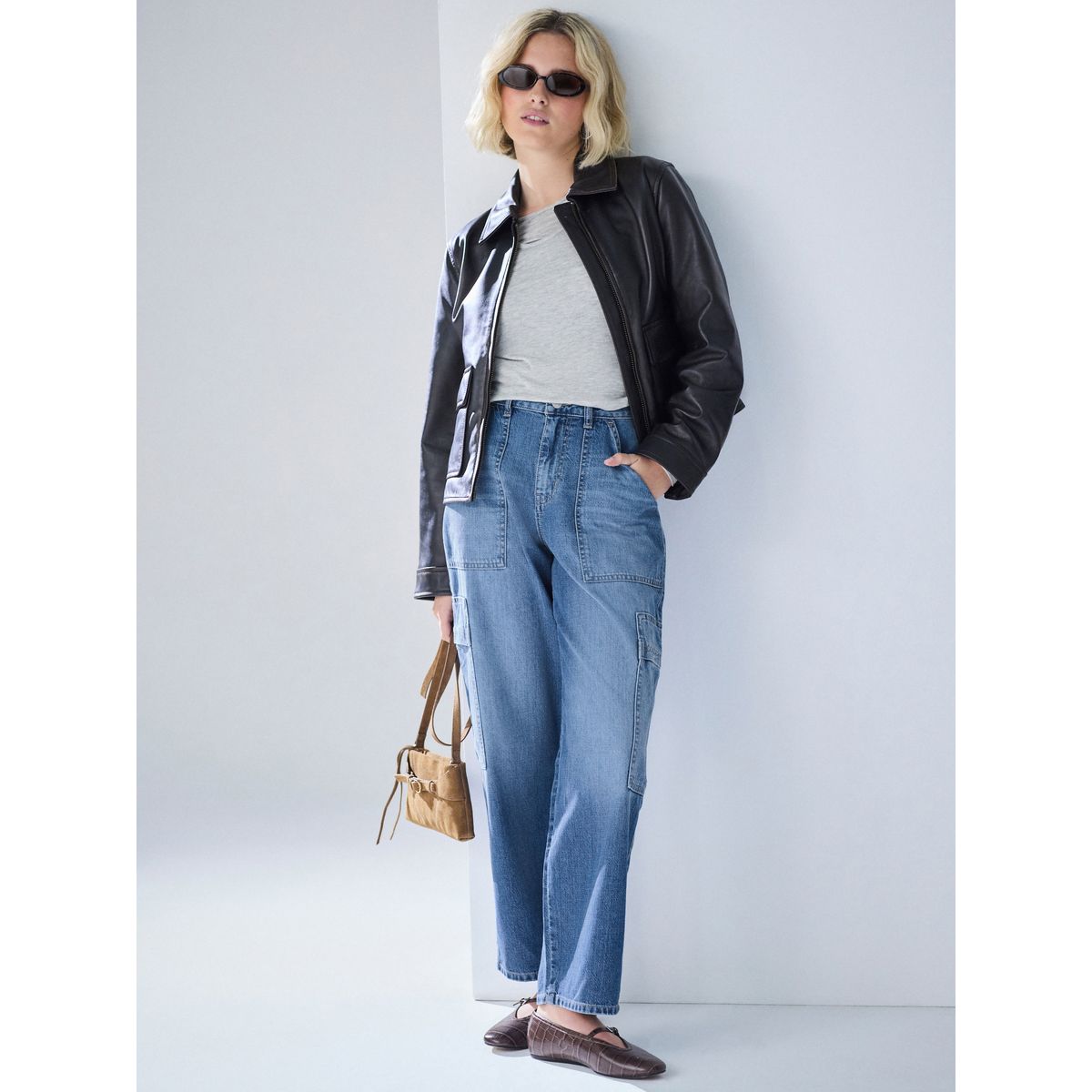 Jean court large style militaire bleu moyen, NEXT