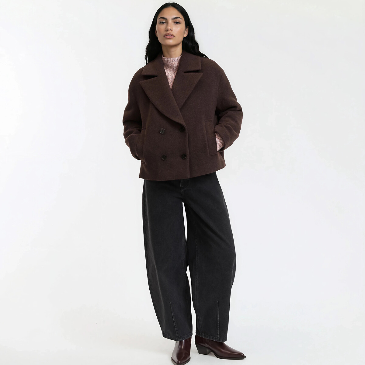 Short pea coat with button fastening with winter style chocolate brown, LA REDOUTE COLLECTIONS