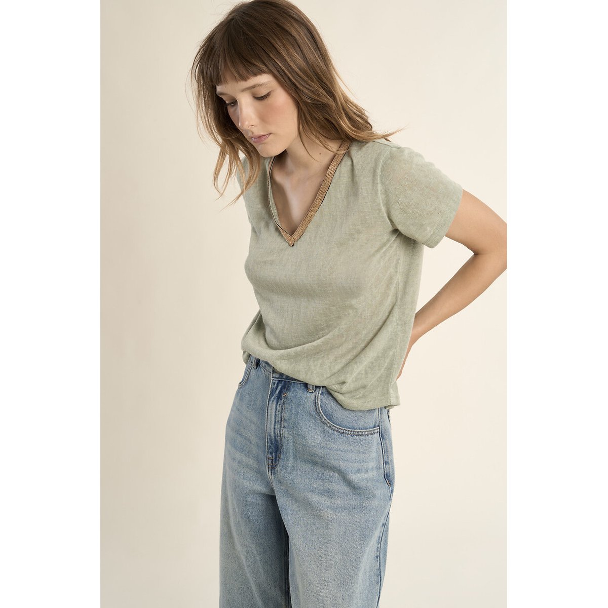 T-shirt maniche corte scollo a V verde acqua, MOLLY BRACKEN