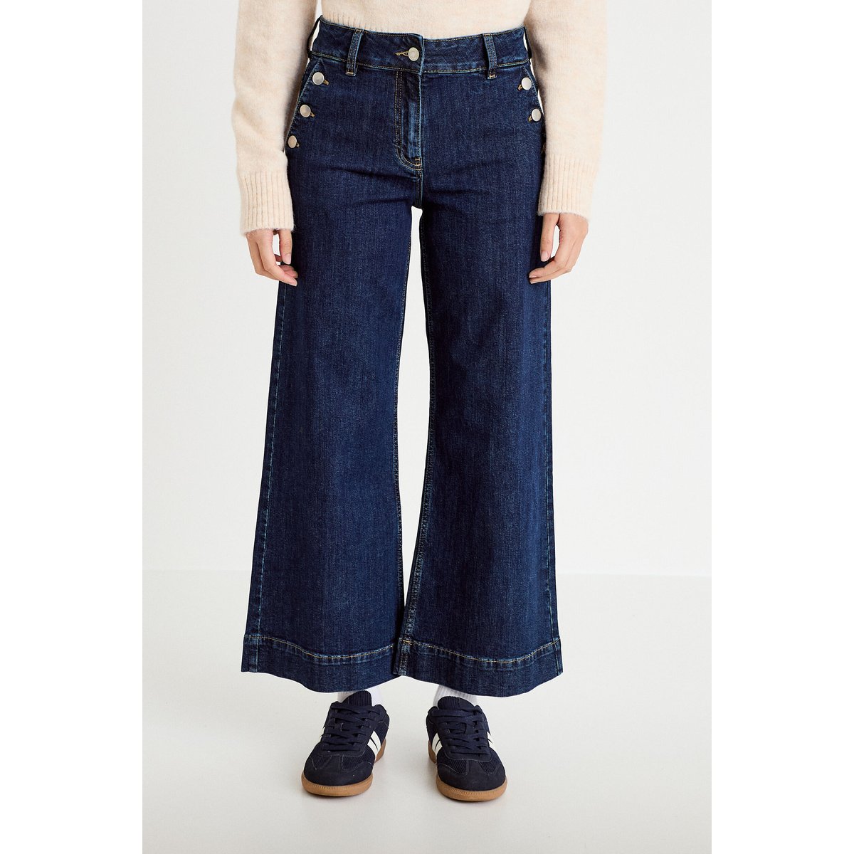 Jean wide leg cropped taille haute denim blue black, CACHE CACHE