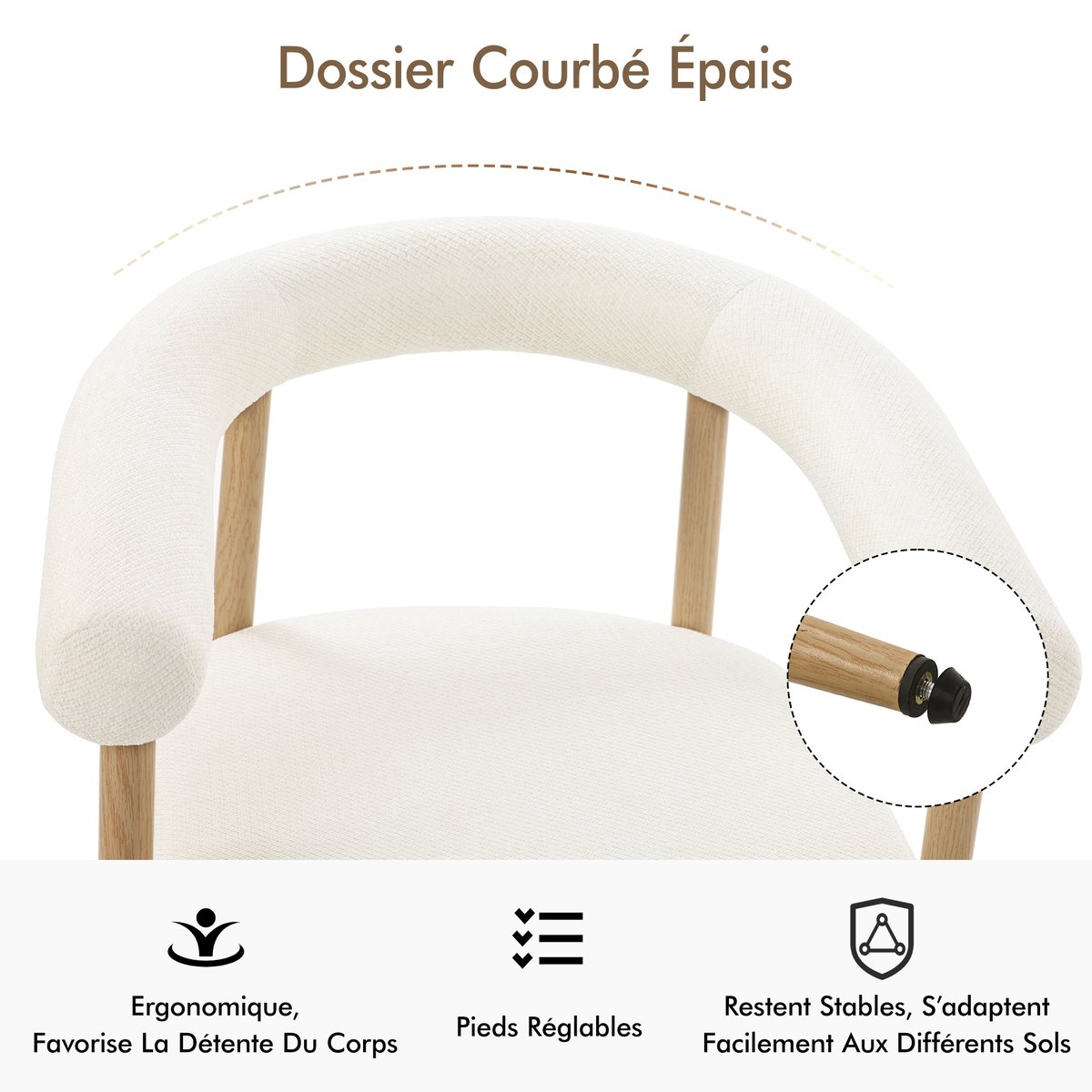 Lot de 4 fauteuils de salle à manger modernes en tissu chenille, HUGG blanc, MEUBLES COSY