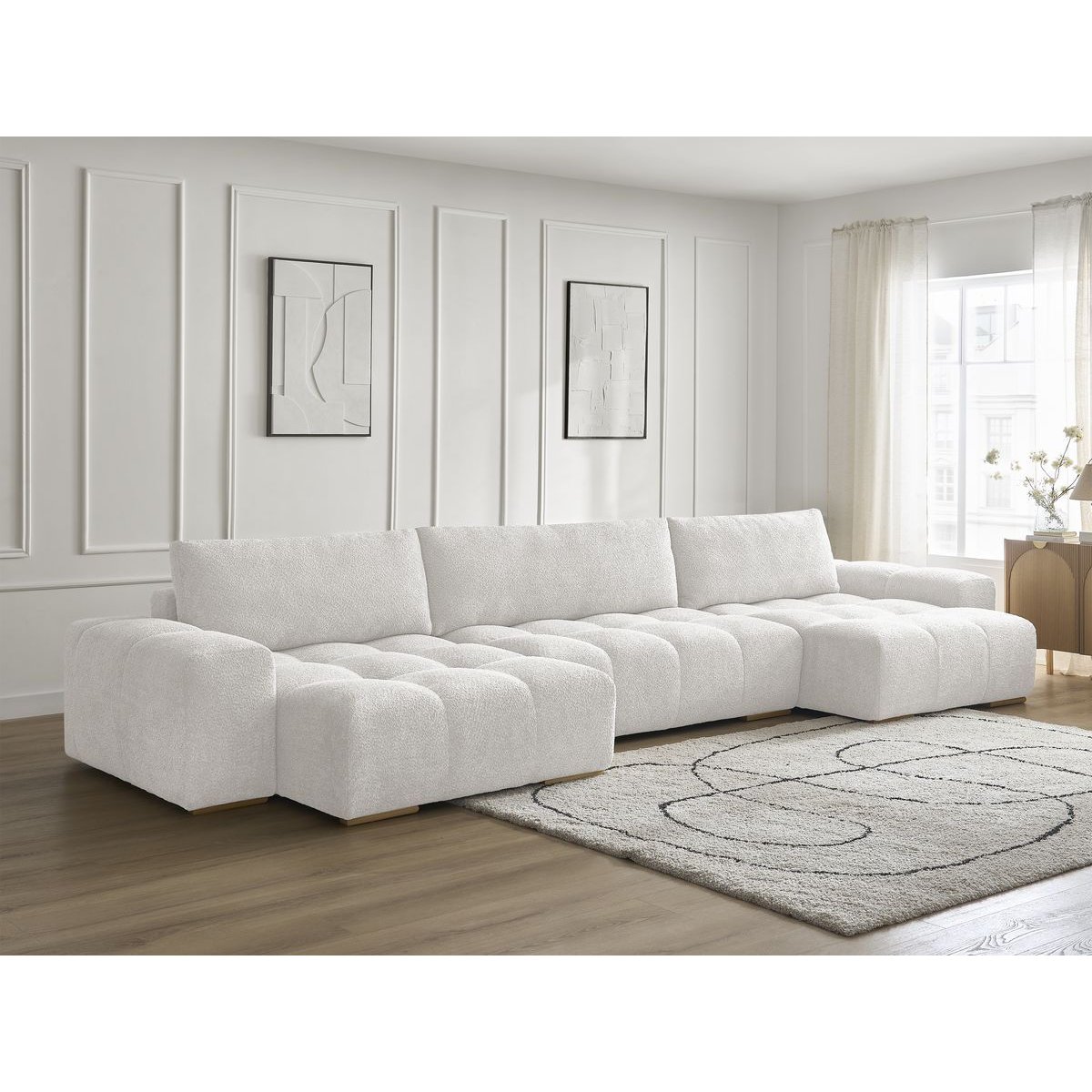 Canapé panoramique convertible 6 places en tissu bouclette, ANAKIN blanc, BOBOCHIC