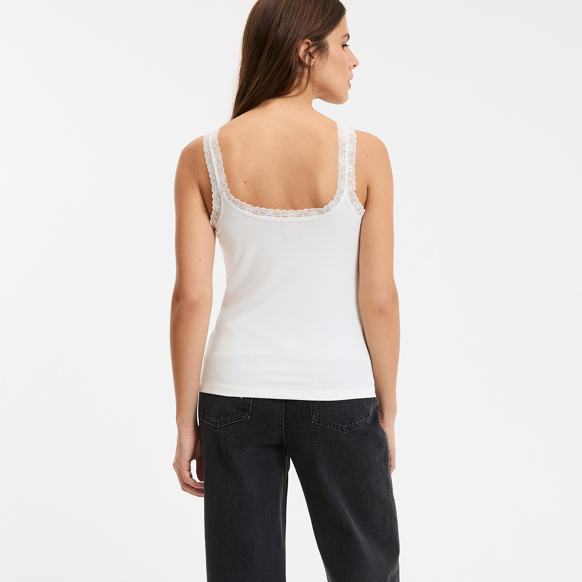 Tanktop met kanten detail en V-hals ivoor, LA REDOUTE COLLECTIONS