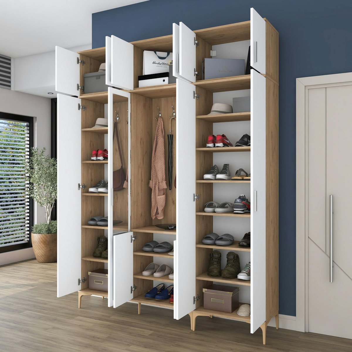 Vestiaire d'entrée blanc et décor noyer avec miroir JENA marron, PIER IMPORT