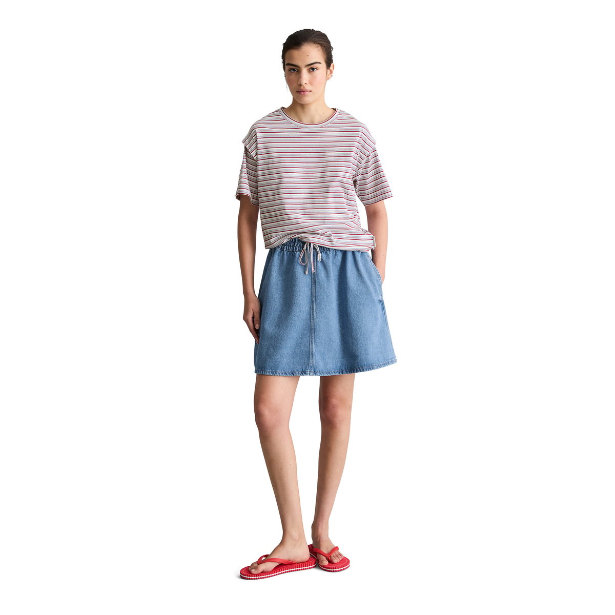 T-shirt à rayures relaxed avec cordon de serrage à l'ourlet blanc, MARC O’POLO DENIM
