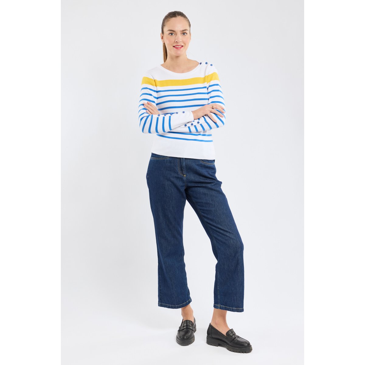 Pull marin manches boutonnées en coton blanc/blue saphir/snapdrag, ARMOR-LUX