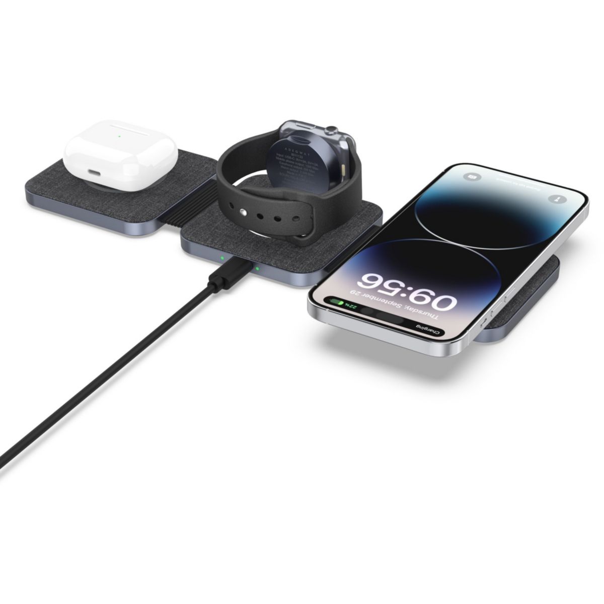 Chargeur sans fil MagSafe 3 en 1 plat pliable 15W couleur unique, ADEQWAT