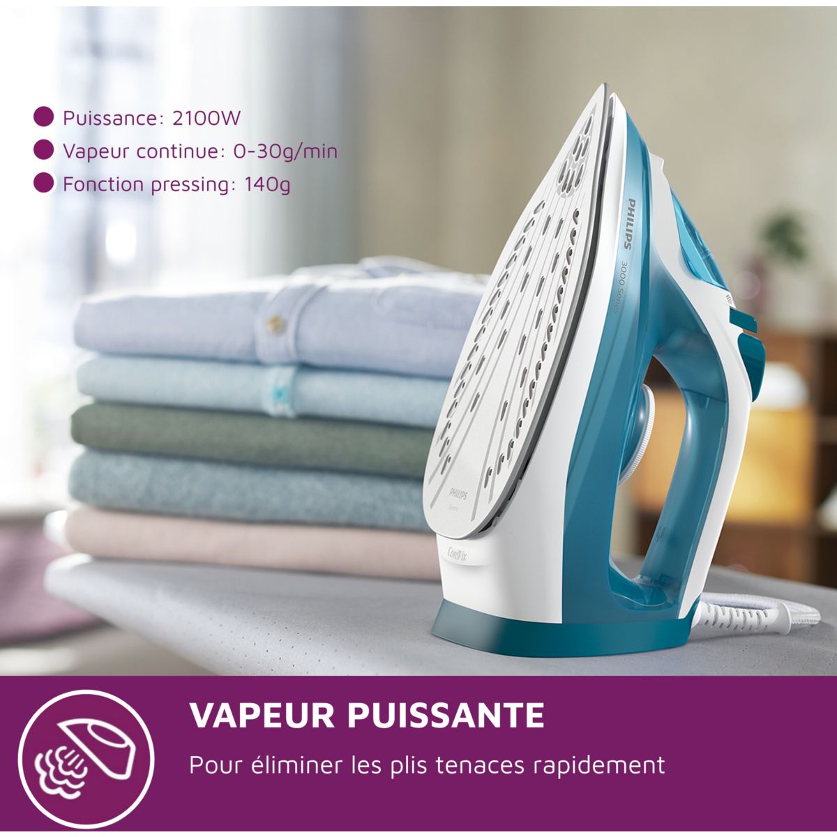 Fer à repasser DST3011/20 fer à vapeur Série 3000 Bleu/blanc, 2000W couleur unique, PHILIPS