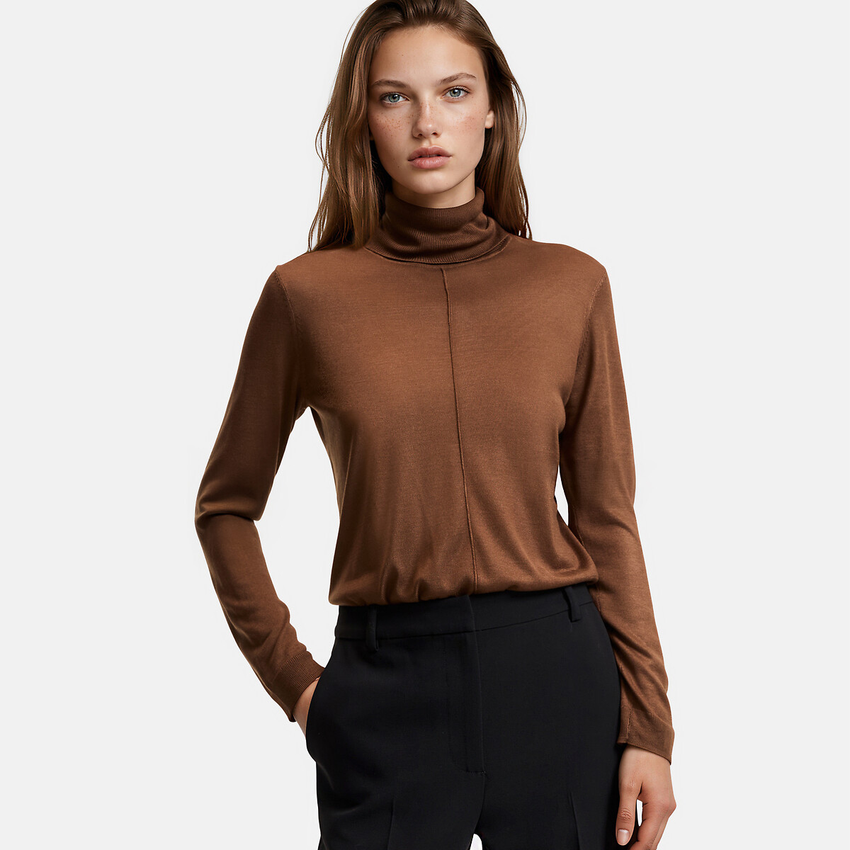 Jersey con cuello vuelto de punto fino marrón, LA REDOUTE COLLECTIONS