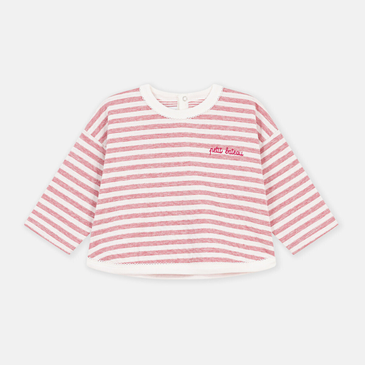 T-shirt manches longues en coton rayé rose, PETIT BATEAU