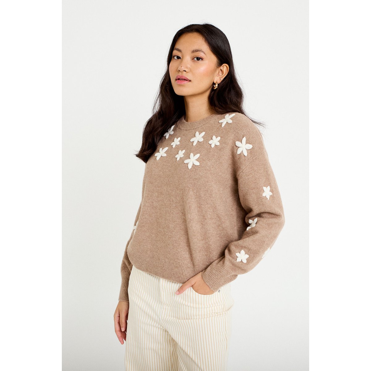 Pull oversize brodé manches longues beige, CACHE CACHE