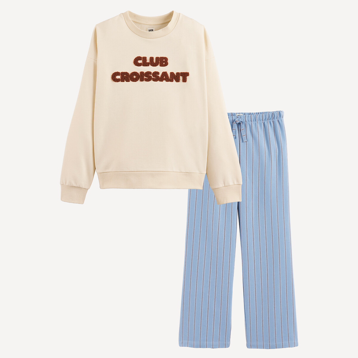 Pijama com mensagem e riscas, com sweat em moletão e calças de flanela cru/azul, LA REDOUTE COLLECTIONS