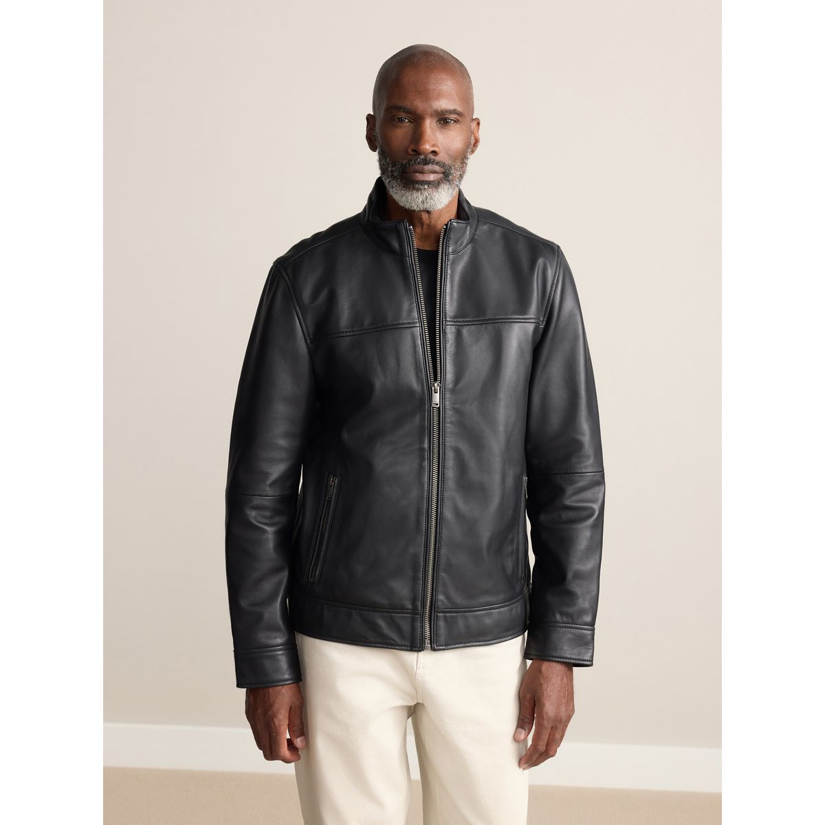 Veste en cuir avec col cheminée Signature noir, NEXT
