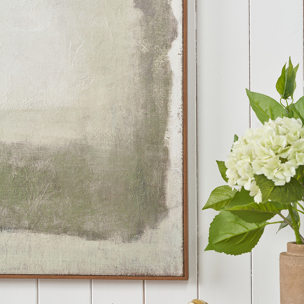 100cm Green and Natural Abstract Square Hessian Canvas with Oak Effect Frame dark green/light green, ÉDITÉ