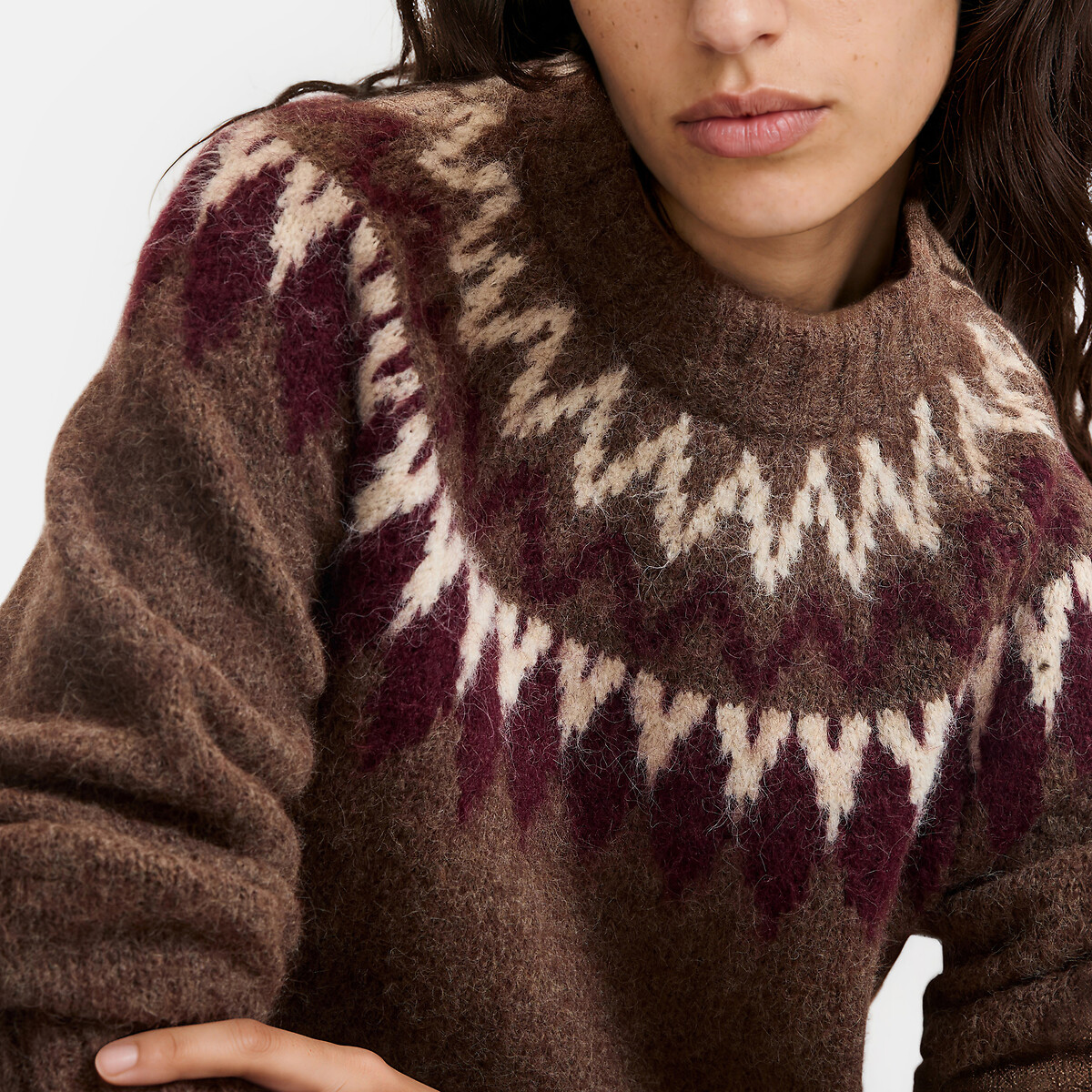 Jersey de jacquard, cuello redondo marrón, LA REDOUTE COLLECTIONS