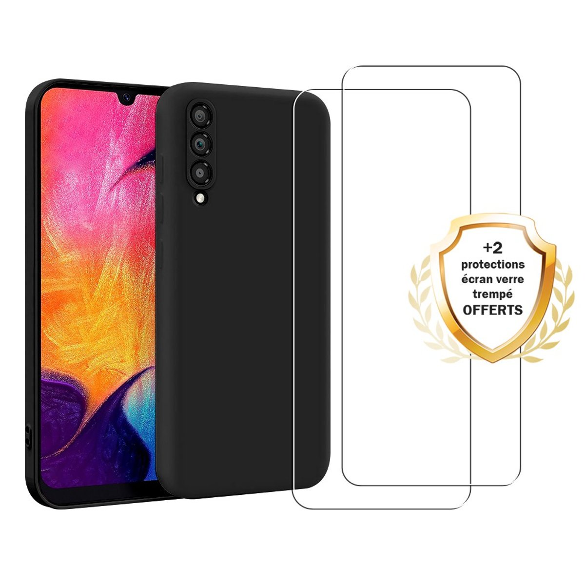 Coque Galaxy A50 antichoc + 2 vitres noir, EVETANE