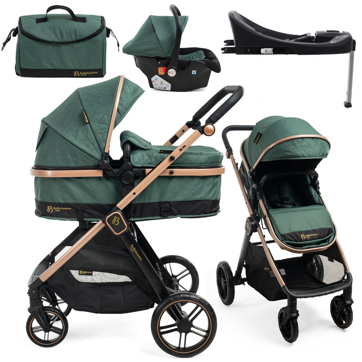 Poussette combinée trio 3 en 1 - siège auto 0+ IRIS – nacelle – base Isofix - jambe de force – jusqu’à 22kg - vert couleur unique, BEBELISSIMO J'AIME