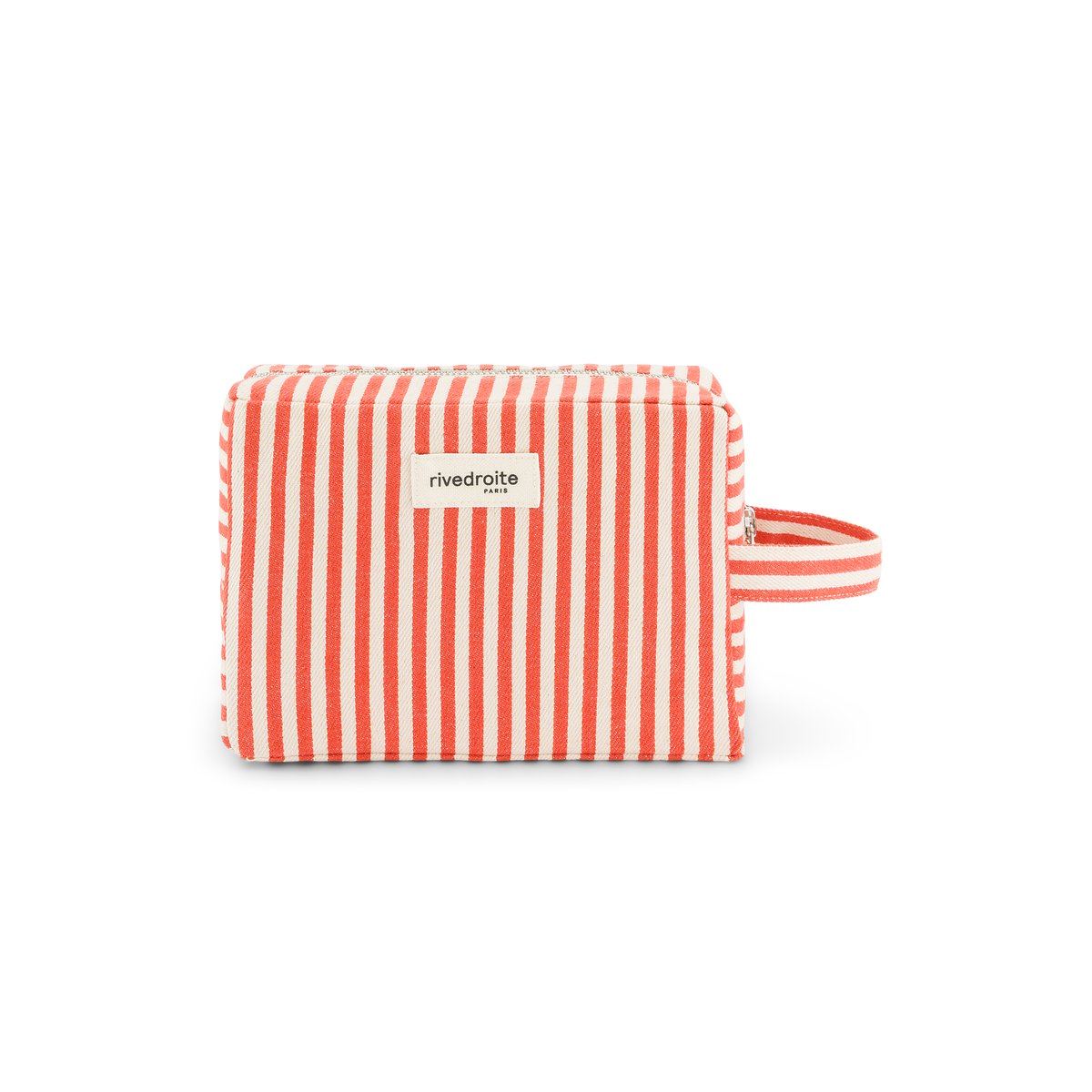 Trousse de toilette rayée en coton organique zippée TOURNELLES XL rayé rouge blanc, RIVEDROITE