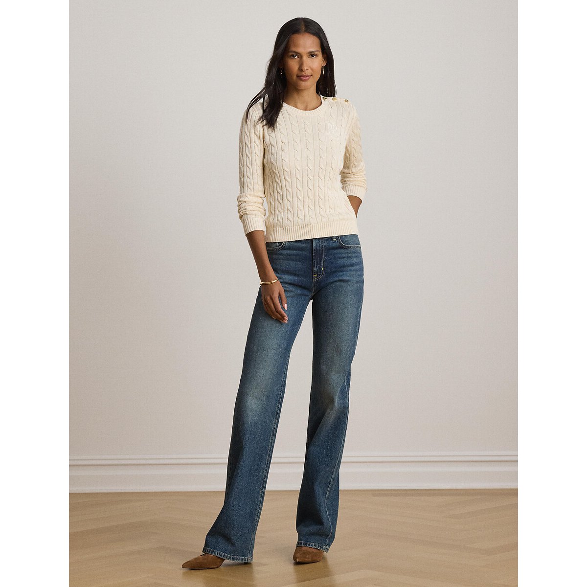 Pull col rond torsadé à boutons épaules crème, LAUREN RALPH LAUREN