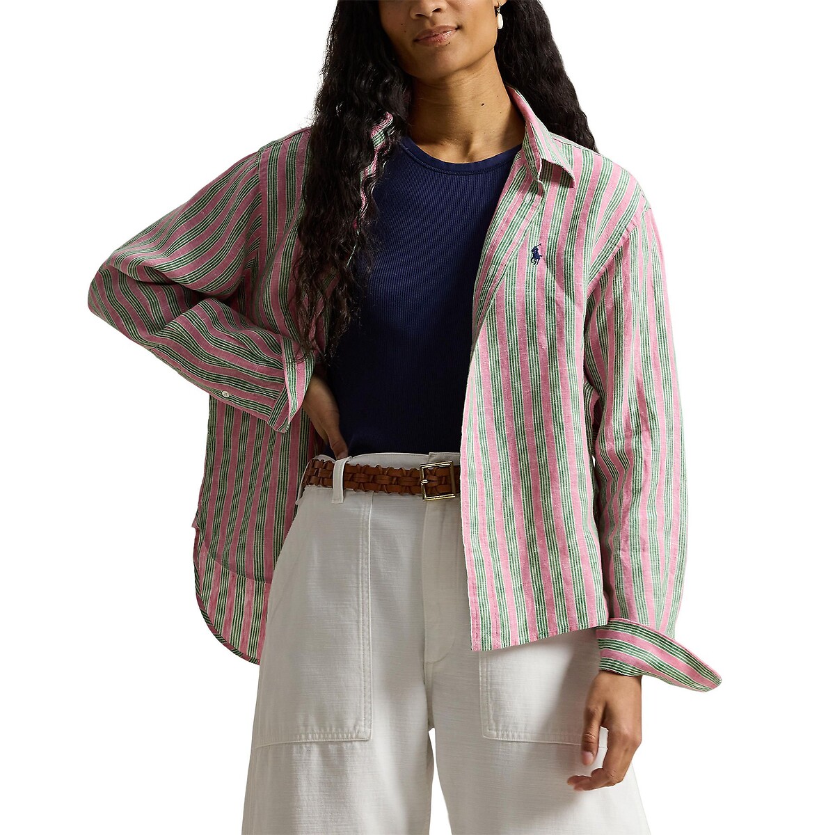 Striped Linen Shirt with Long Sleeves striped green/pink, POLO RALPH LAUREN