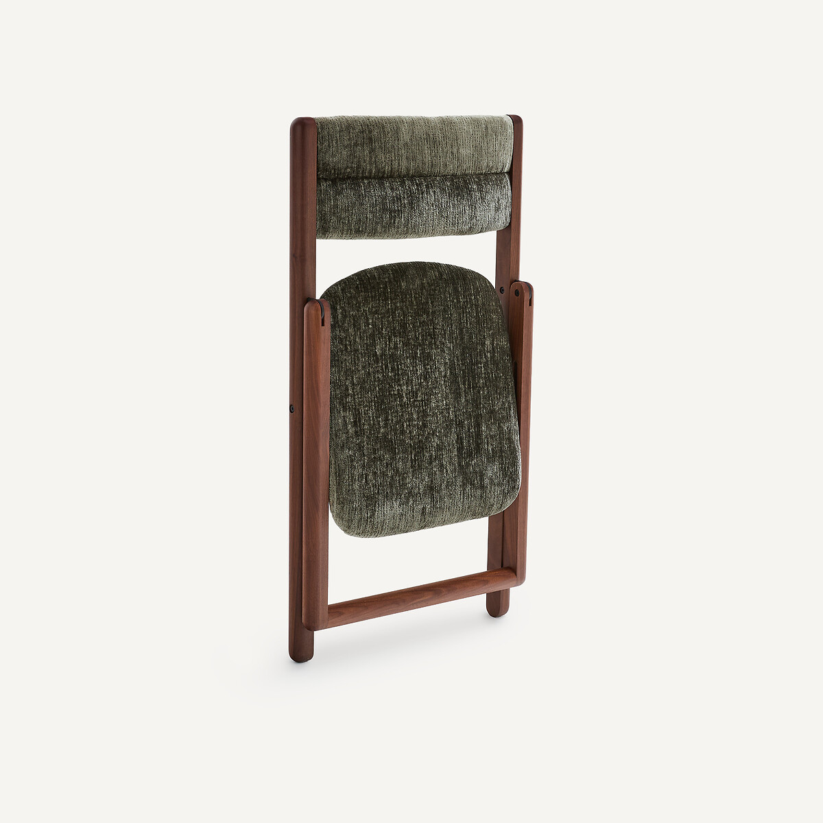 Chaise pliante, en noyer massif et tissu velours, CAMMINATA kaki, EMMANUEL GALLINA X AM.PM