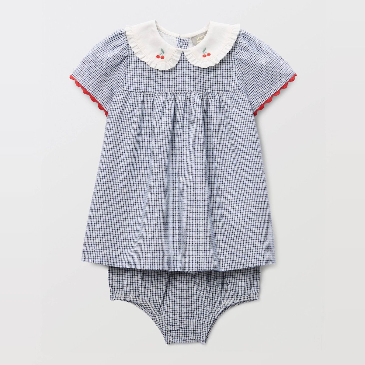 Robe avec bloomer à carreaux et à col brodé en coton pierre bleue, BOUT'CHOU