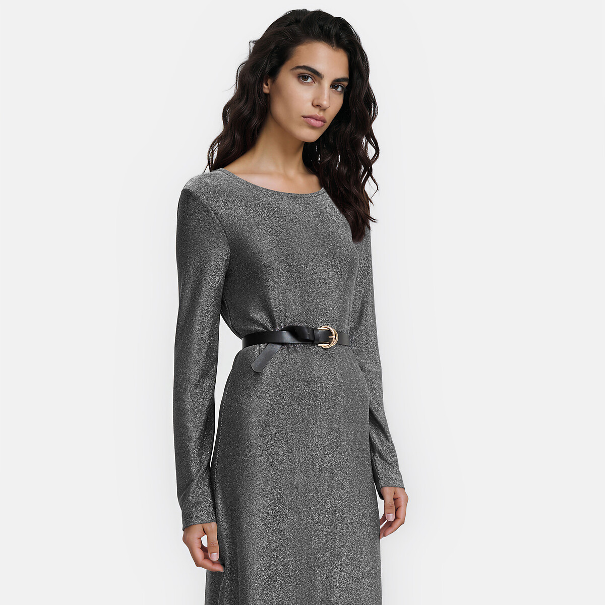 Langes Kleid mit langen Ärmeln aus glänzendem Strick schwarz silber, LA REDOUTE COLLECTIONS
