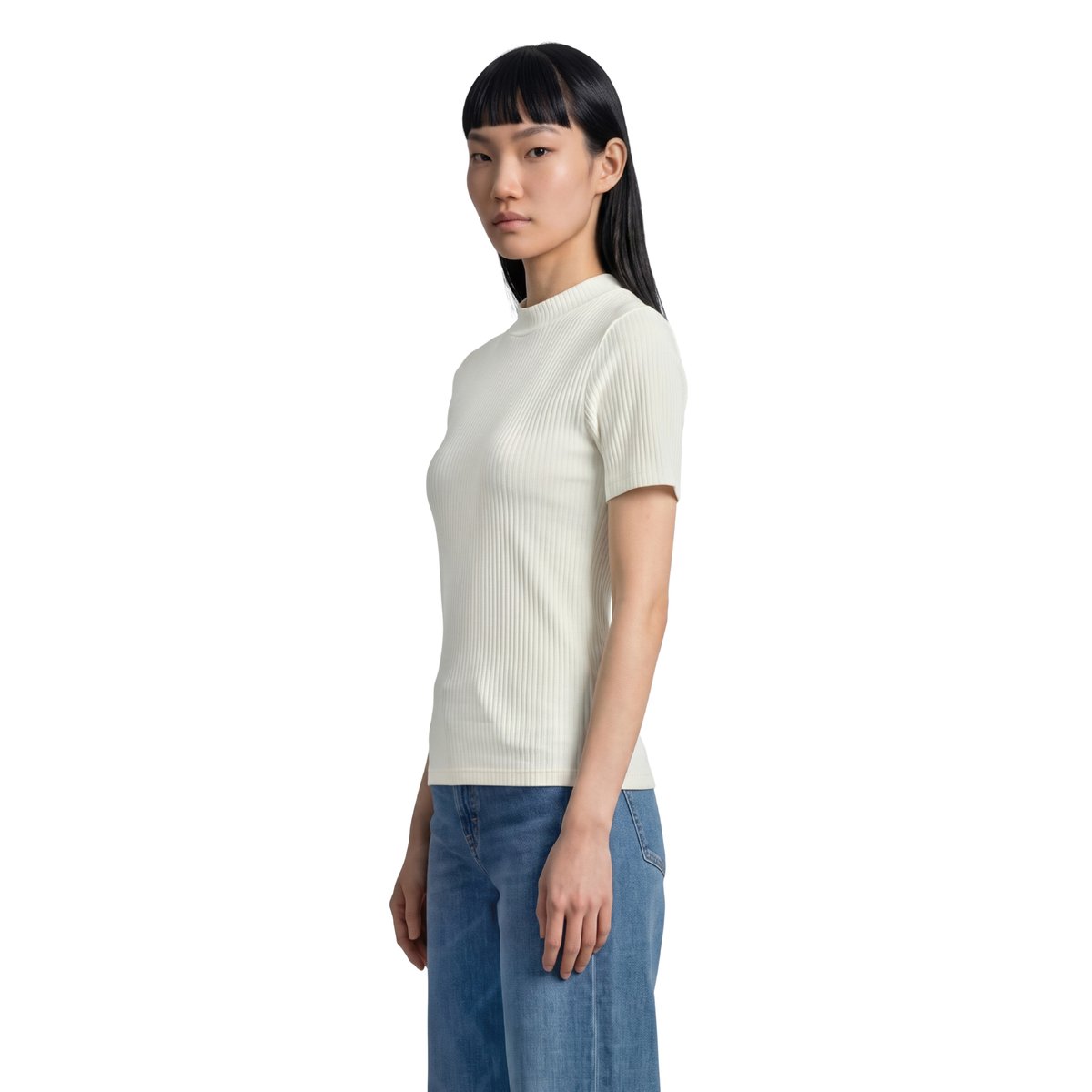 T-shirt en jersey côtelé slim en coton biologique mélangé extensible blanc, MARC O’POLO DENIM