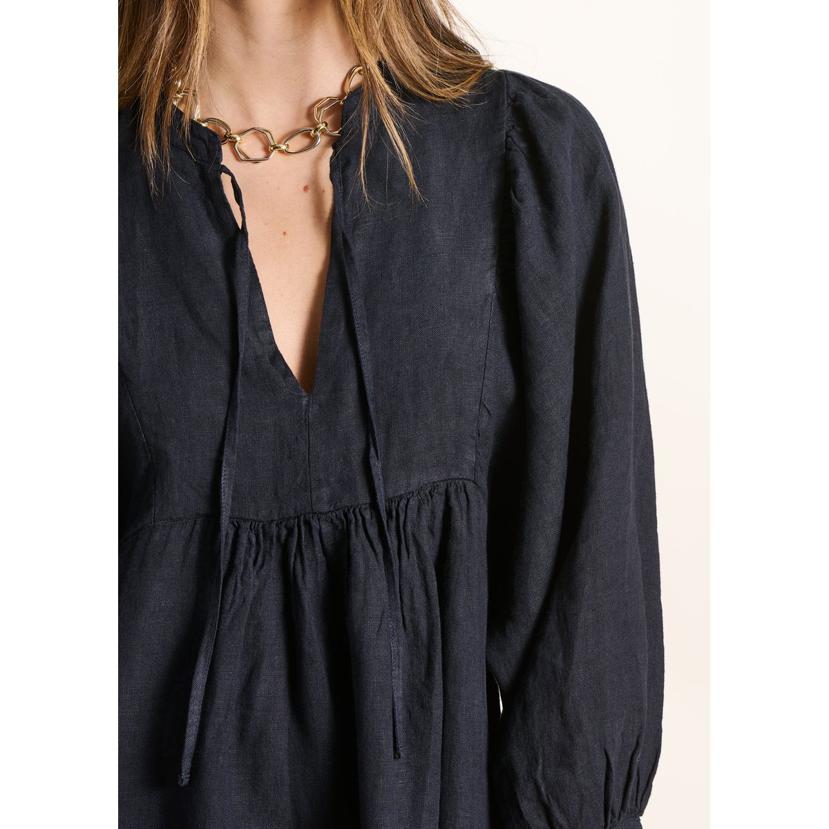 Robe longue en lin à manches longues bleu encre, LA FEE MARABOUTEE