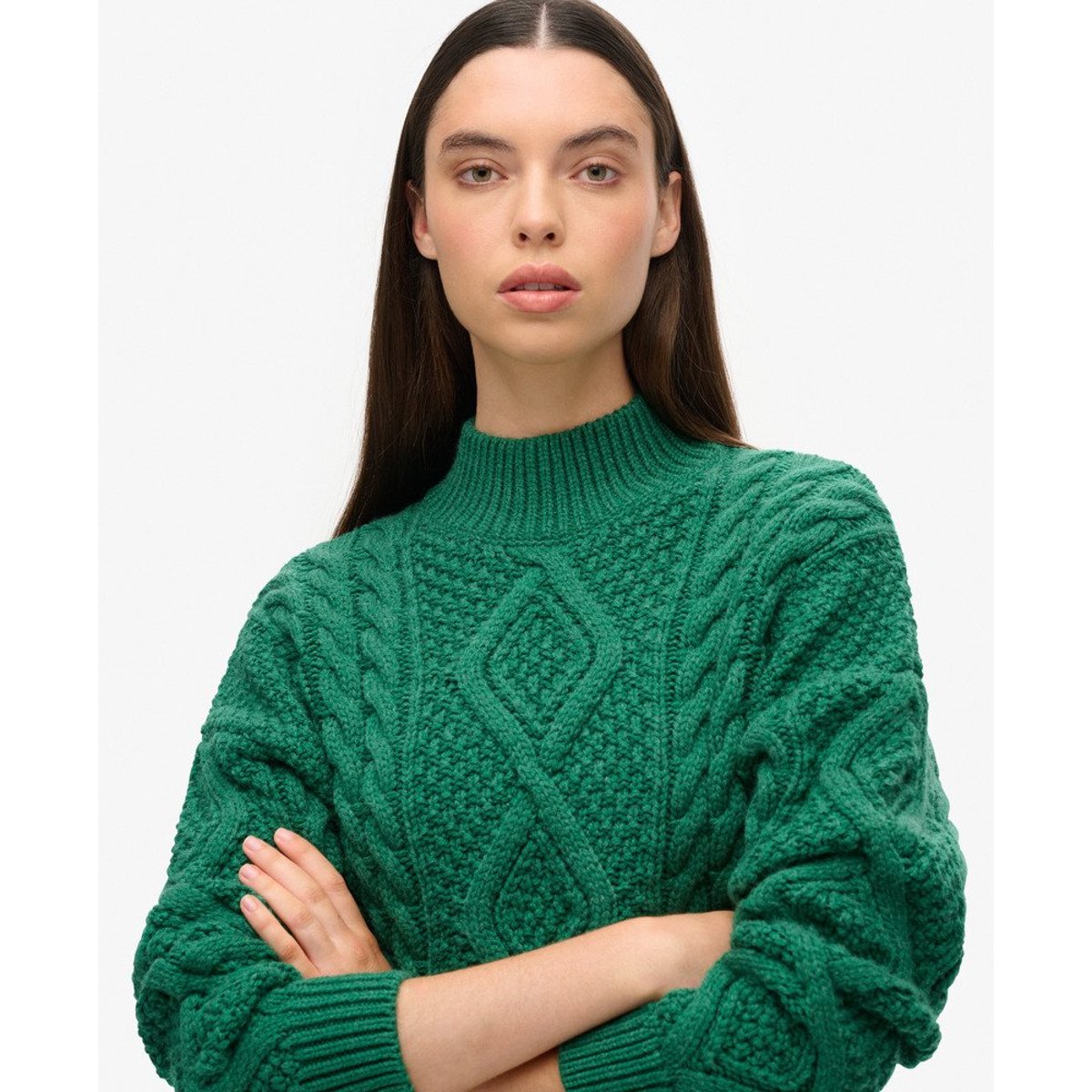 Pull polo en maille torsadée Aran vert pinède, SUPERDRY