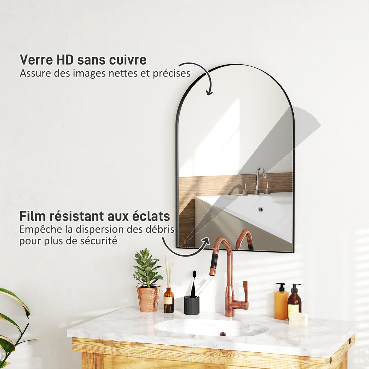 Miroir de salle de bains Verre Noir noir, HOMCOM