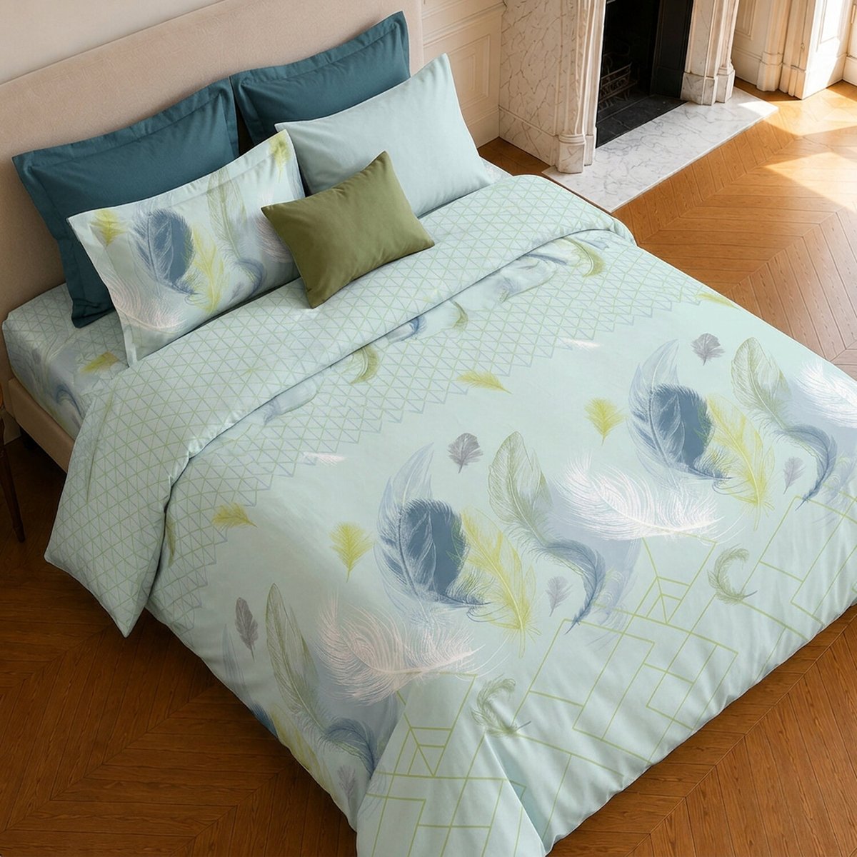 Parure de lit en microfibre motif tropical, PALOMA vert d'eau, C DESIGN HOME TEXTILE