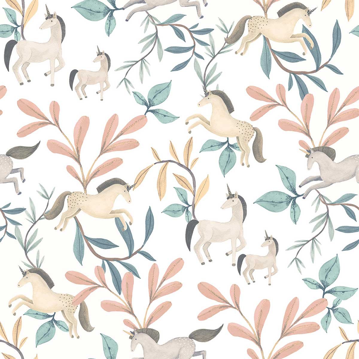 Papier peint licornes et feuillages pastel enfant multicolore, HEXOA