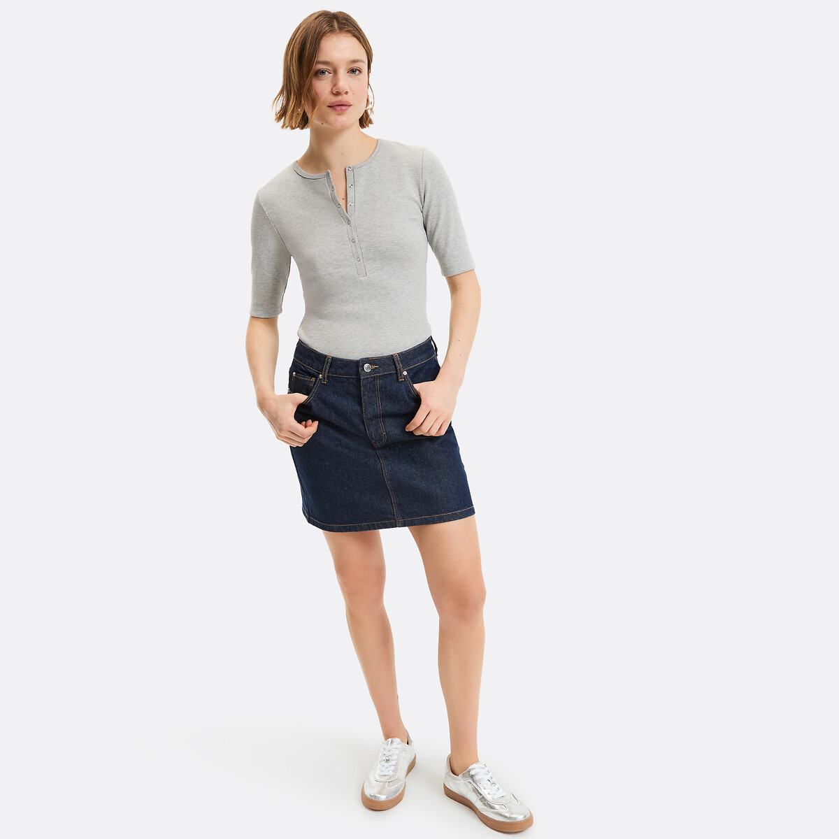 T-shirt com decote tunisino, mangas curtas cinzento mesclado, LA REDOUTE COLLECTIONS