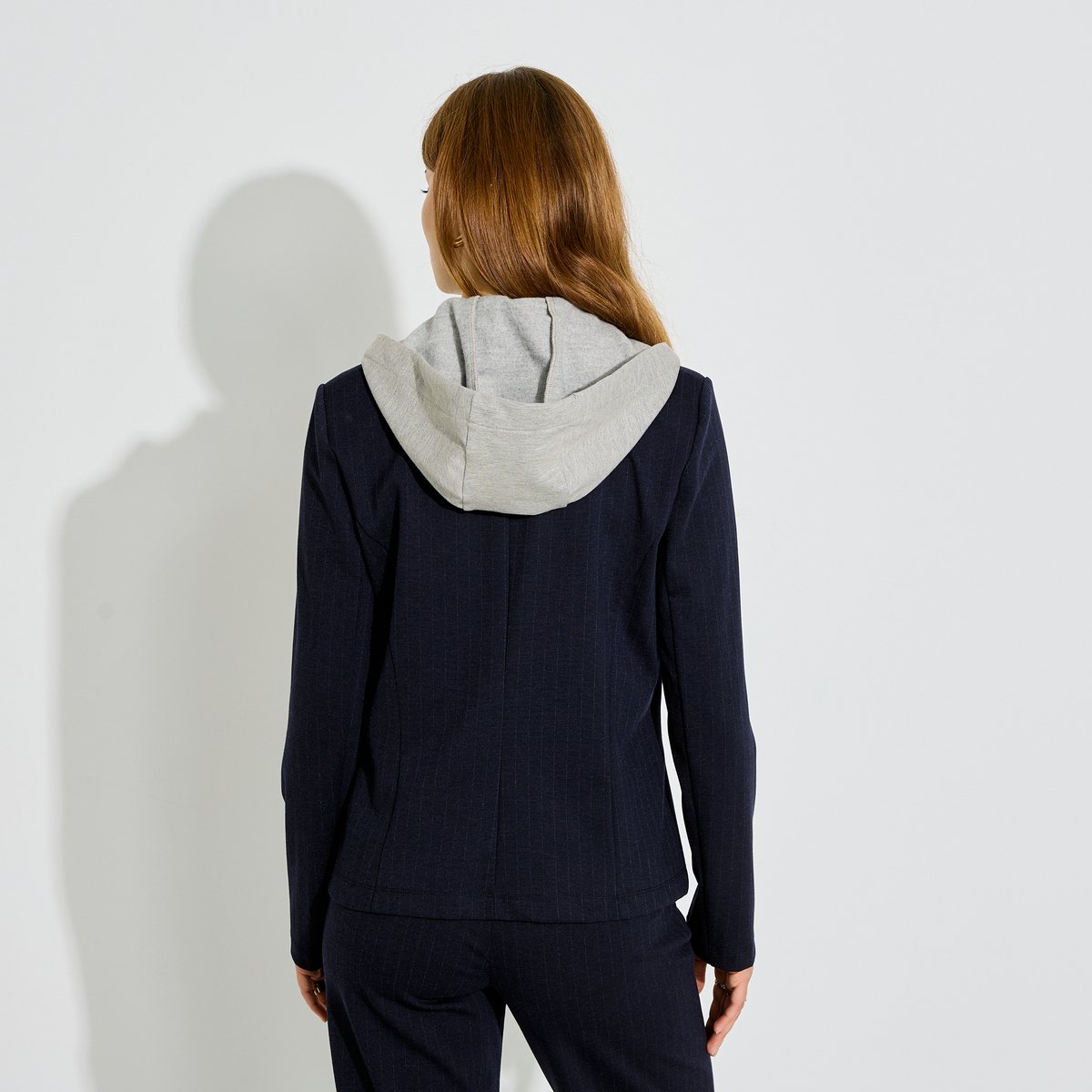 Veste blazer maille rayé à capuche bleu marine, GRAIN DE MALICE