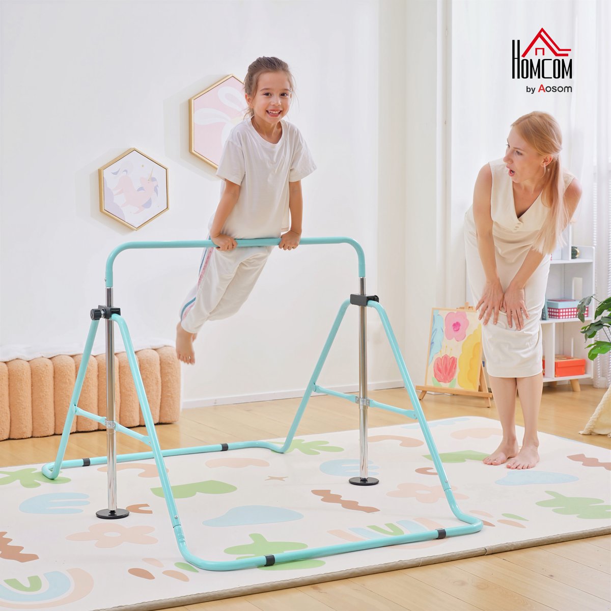 Barre de gymnastique pour enfants Acier Vert bleu, HOMCOM